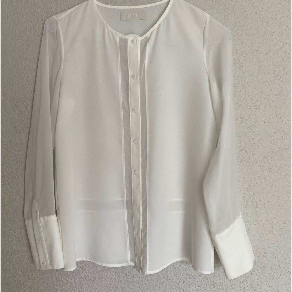Chalk Semi Sheer Long Sleeve Round Neck Button Down Top Shirt Blouse Size 4